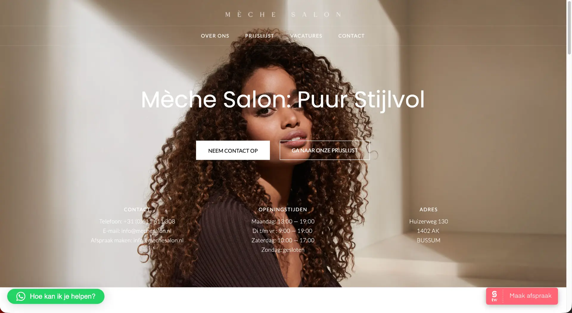 Homepage van Meche Salon, gemaakt door AESLY
