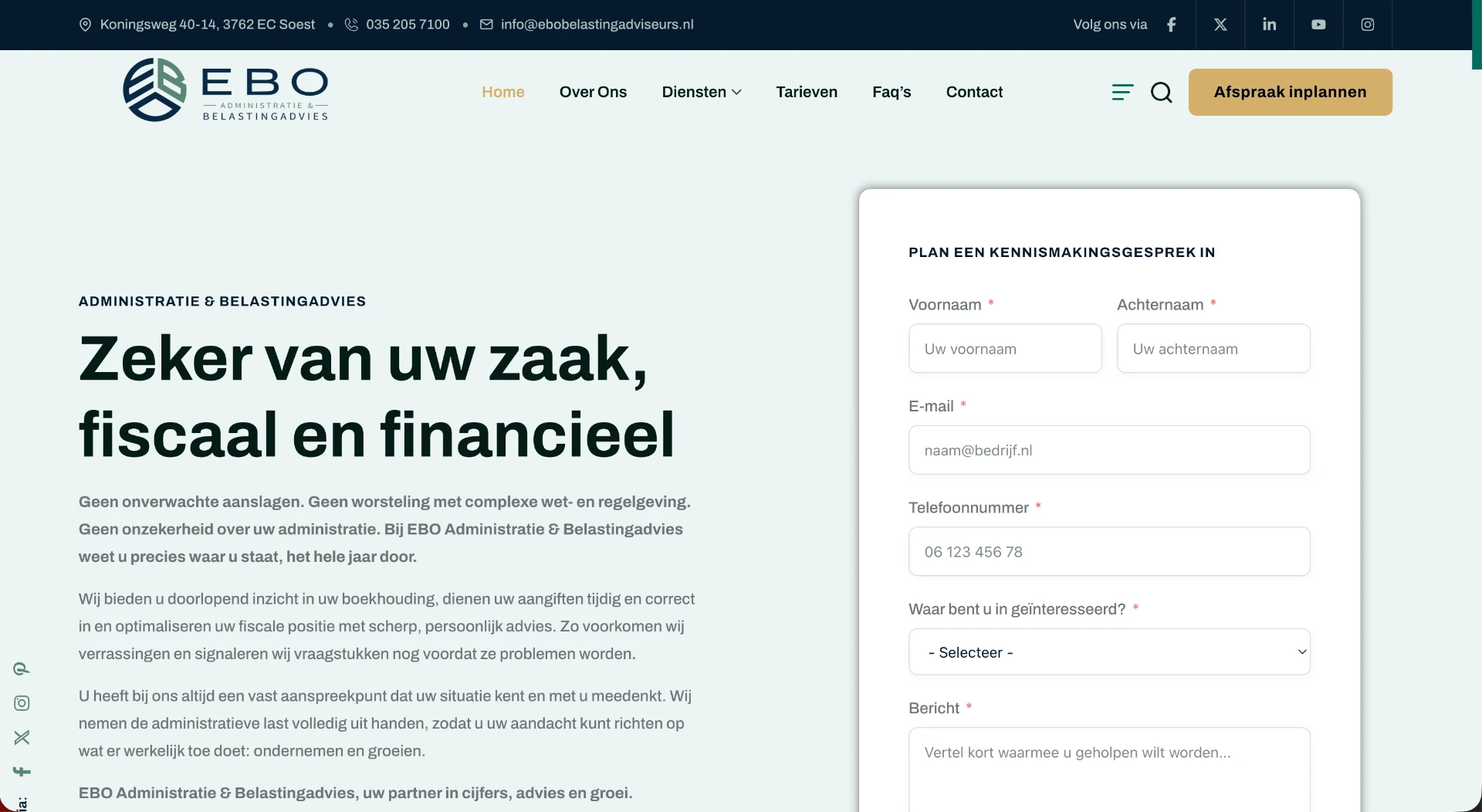Homepage van EBO Belastingadviseurs, gemaakt door AESLY
