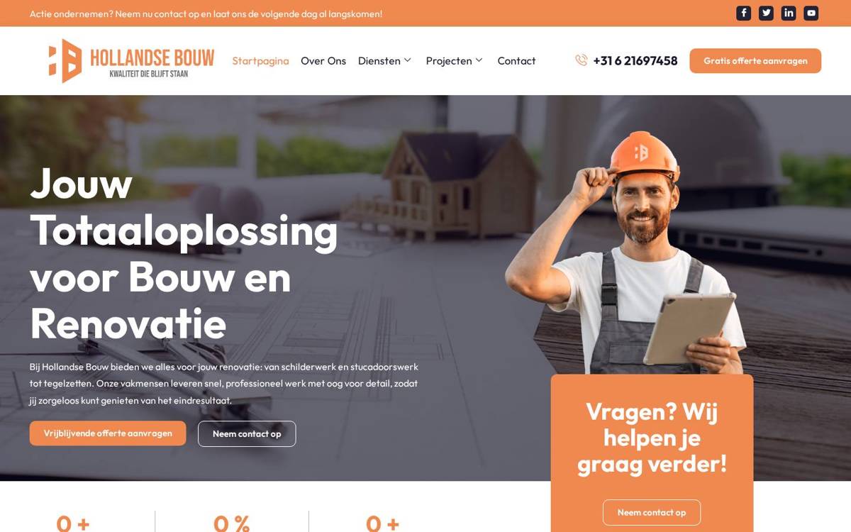 Homepage van Hollandse Bouw, gebouwd door AESLY