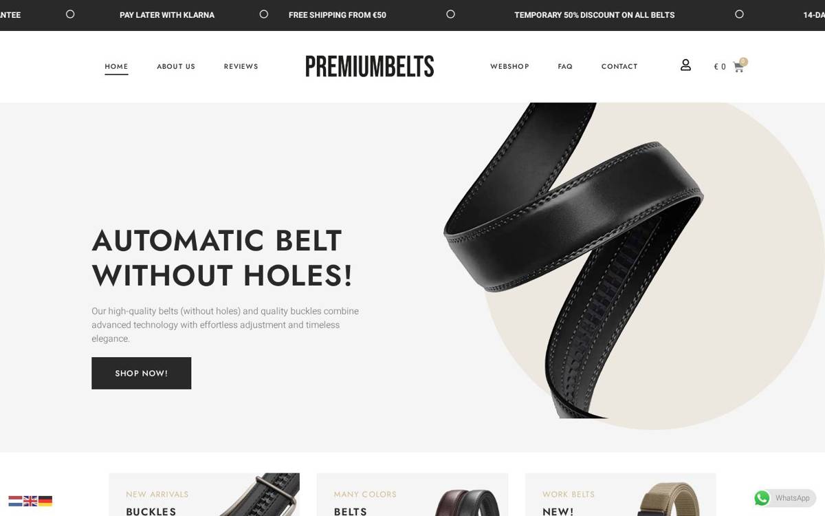 Homepage van Premium Belts, gebouwd door AESLY