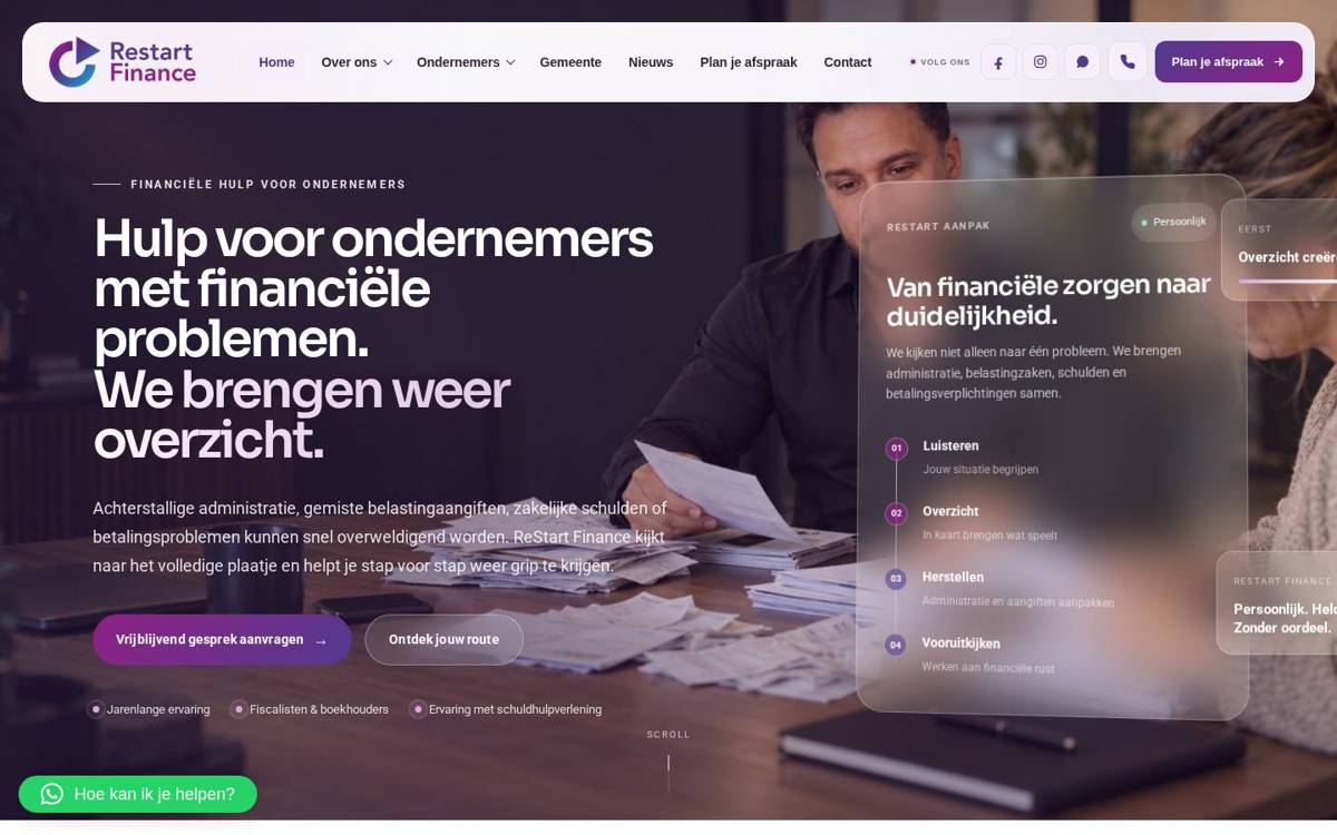 Homepage van Restart Finance, gebouwd door AESLY