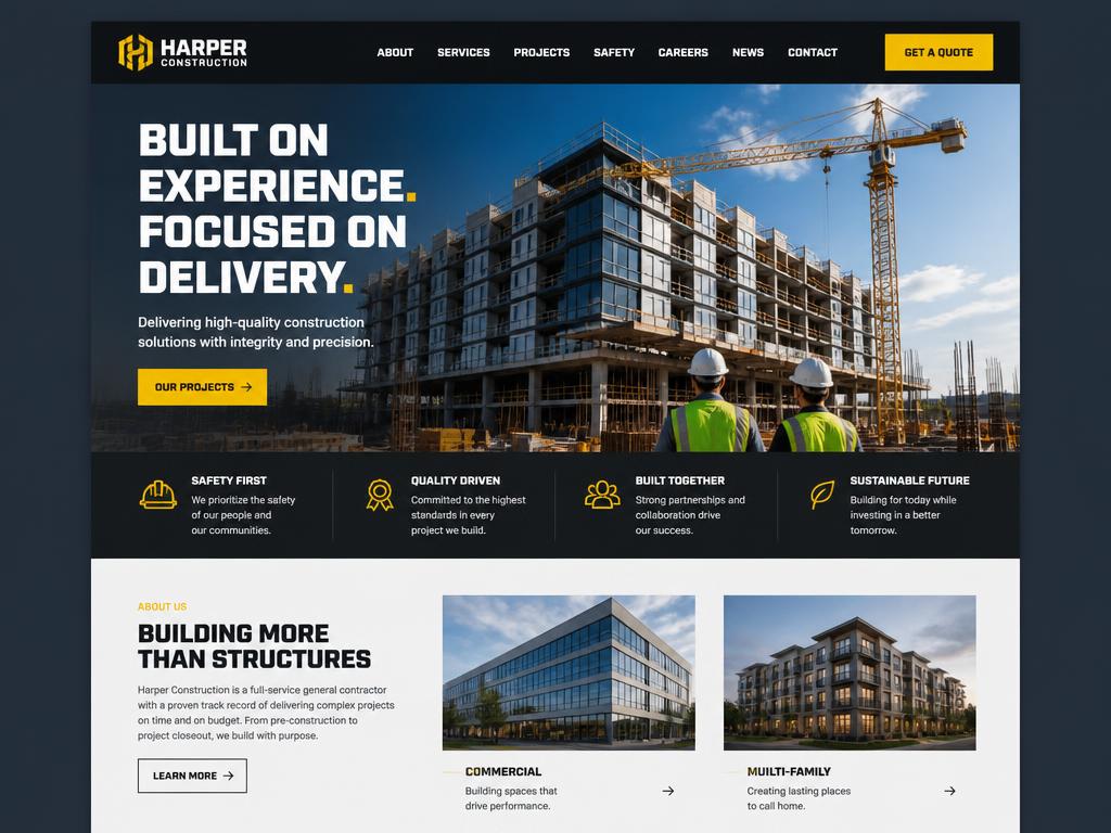 Ontwerpconcept van een professionele bouwbedrijfwebsite