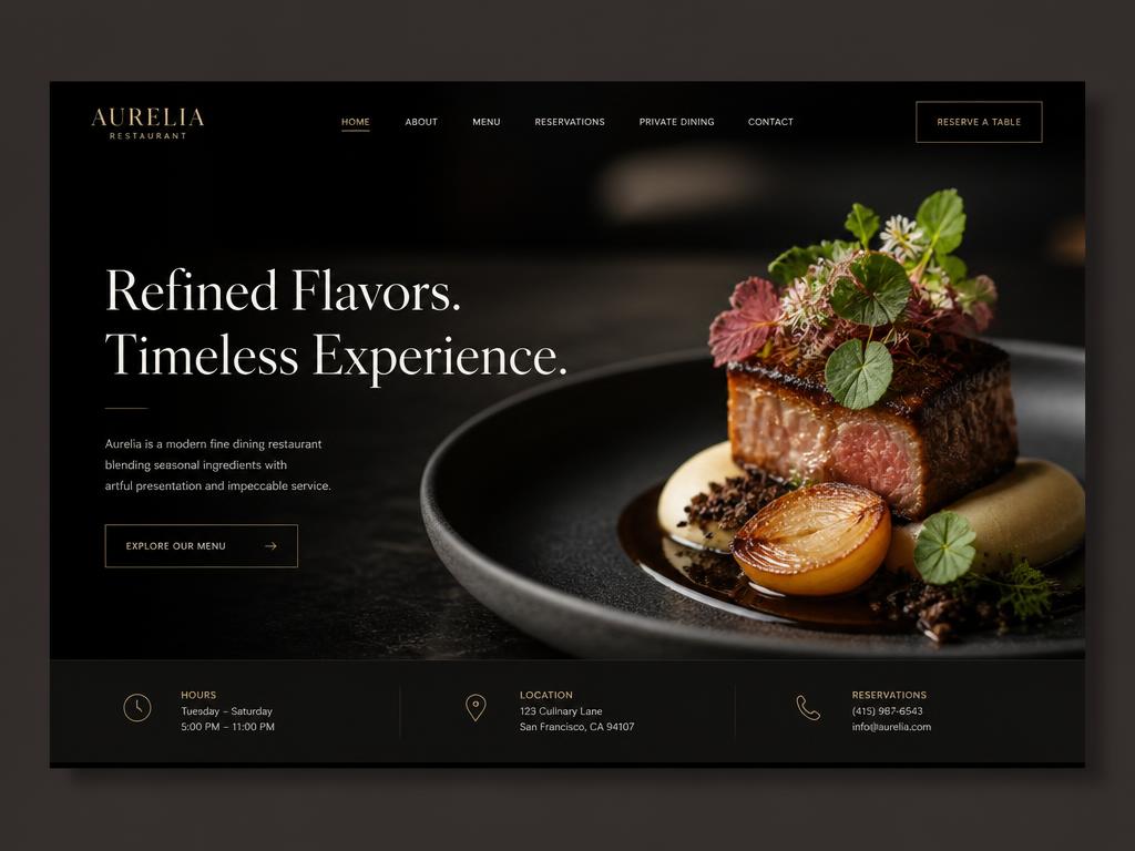 Ontwerpconcept van een donkere, elegante restaurantwebsite